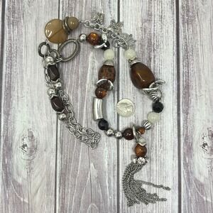 Boho Beaded Necklace Silver‎ Tone Rhinestone Brown Beads Butterfly Charms 32 in